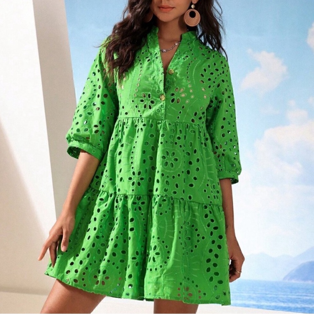💚 Green Boho Women's Solid Notch Neck Ruffle Hem Schiffy Dress - Picture 7 of 8